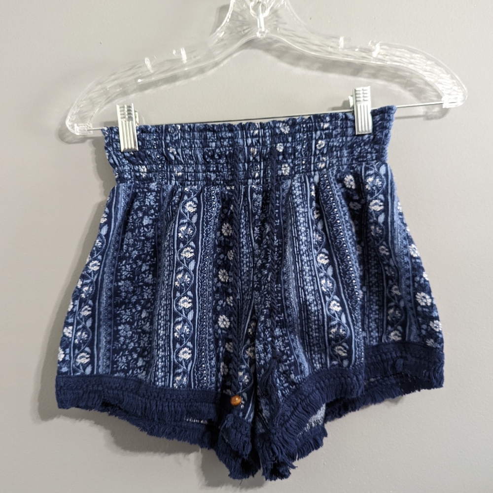 Medium Blue boho hippie High Waisted shortwith floral design Stretchy Waistband